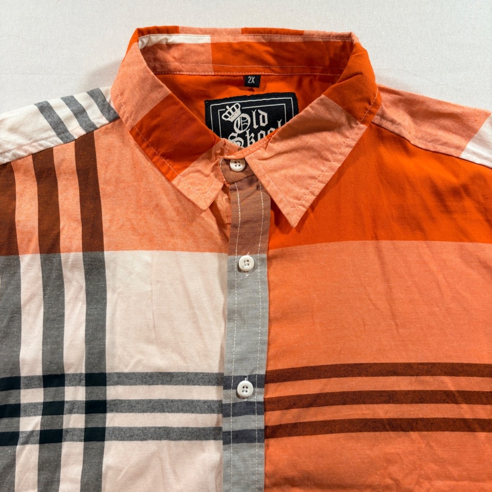 Old Skool Button Down Shirt Mens 2X Orange Plaid Asymmetrical Long Sleeve Casual